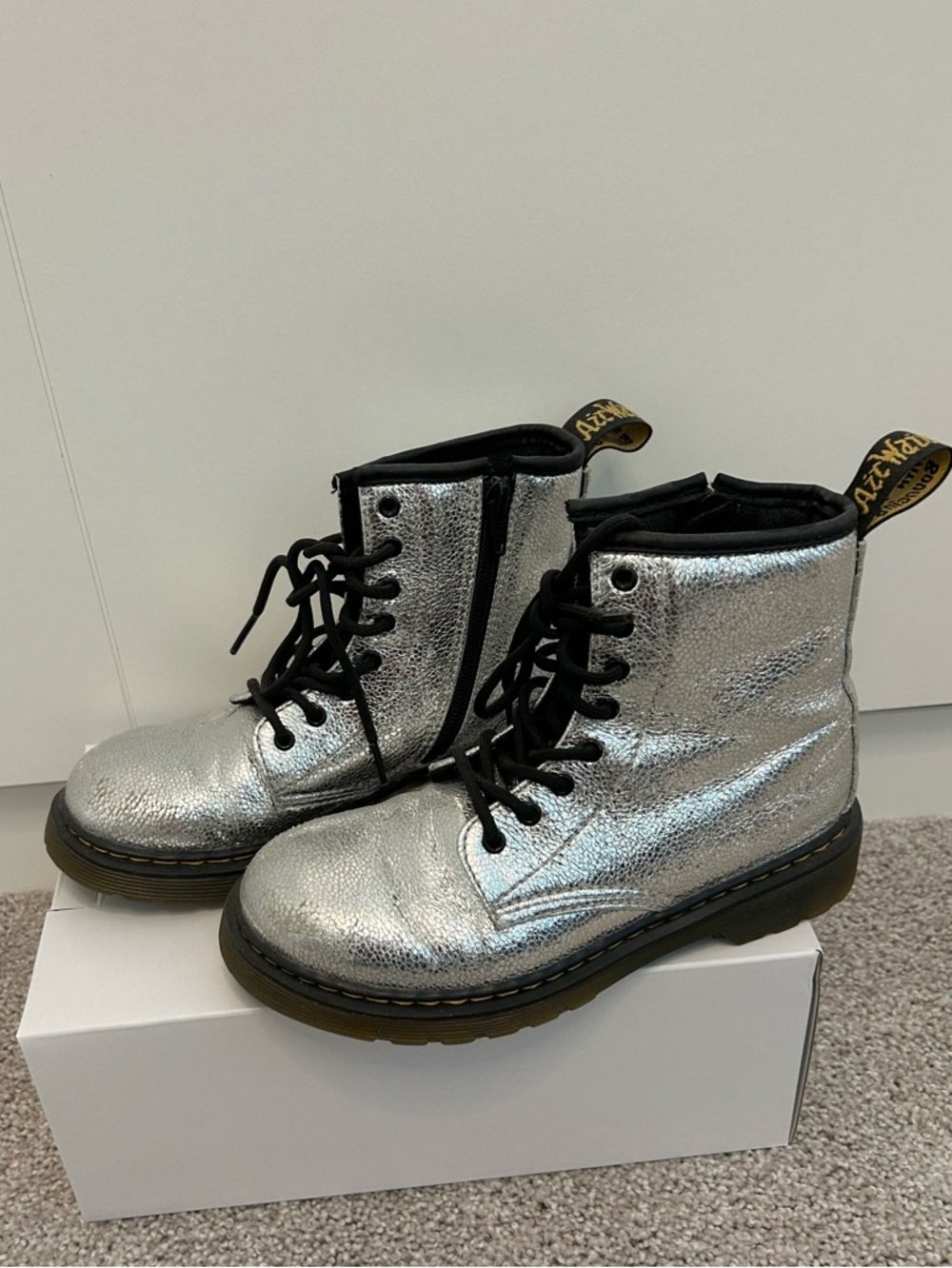 Dr. Martens Kids Silver Metallic Combat Boots with Black Laces